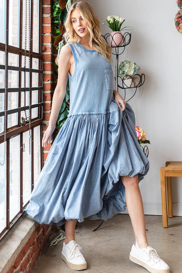 WASHED SLEEVELESS BALLOON SKIRT DRESS