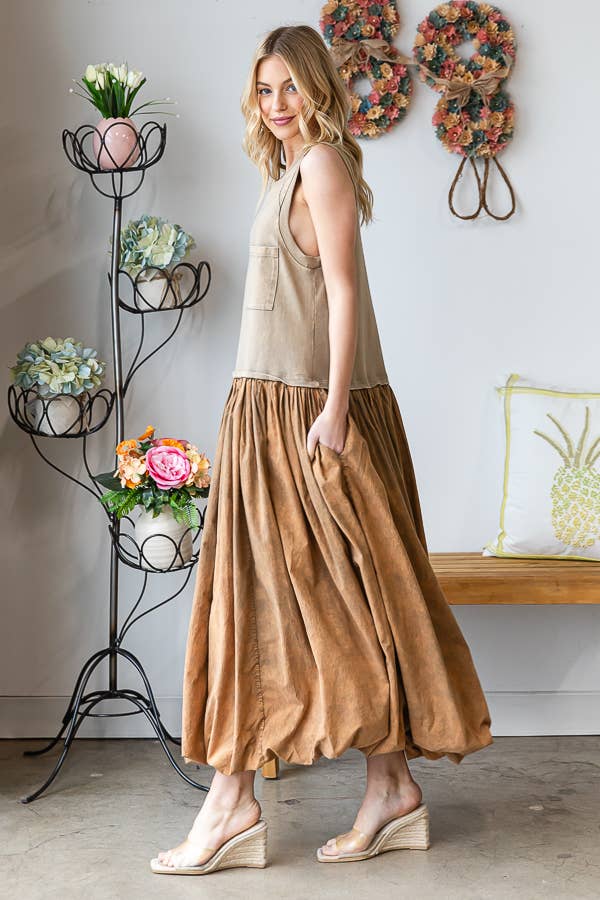 WASHED SLEEVELESS BALLOON SKIRT DRESS