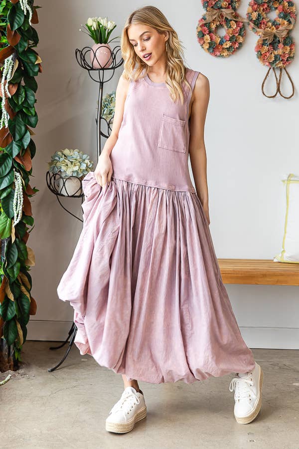 WASHED SLEEVELESS BALLOON SKIRT DRESS