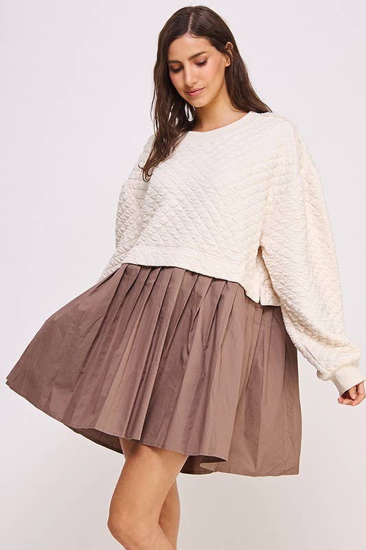 BUBBLE LONG SLEEVE COTTON PLEATED SKIRT DRESS