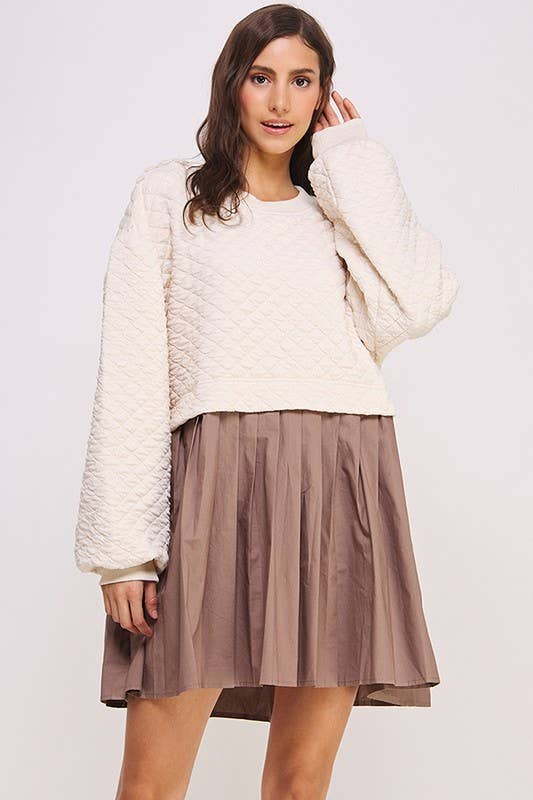 BUBBLE LONG SLEEVE COTTON PLEATED SKIRT DRESS