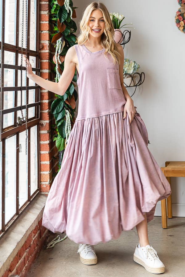 WASHED SLEEVELESS BALLOON SKIRT DRESS