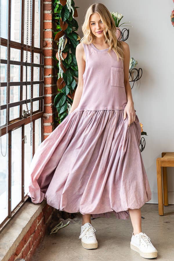 WASHED SLEEVELESS BALLOON SKIRT DRESS