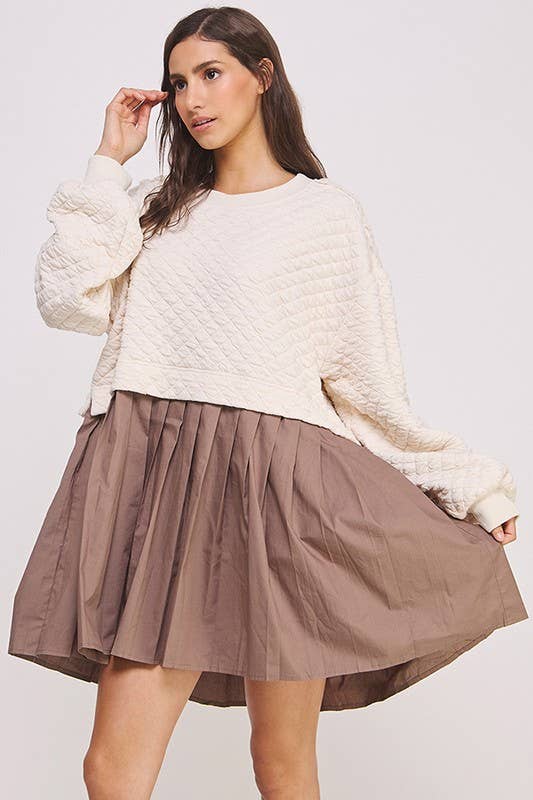 BUBBLE LONG SLEEVE COTTON PLEATED SKIRT DRESS